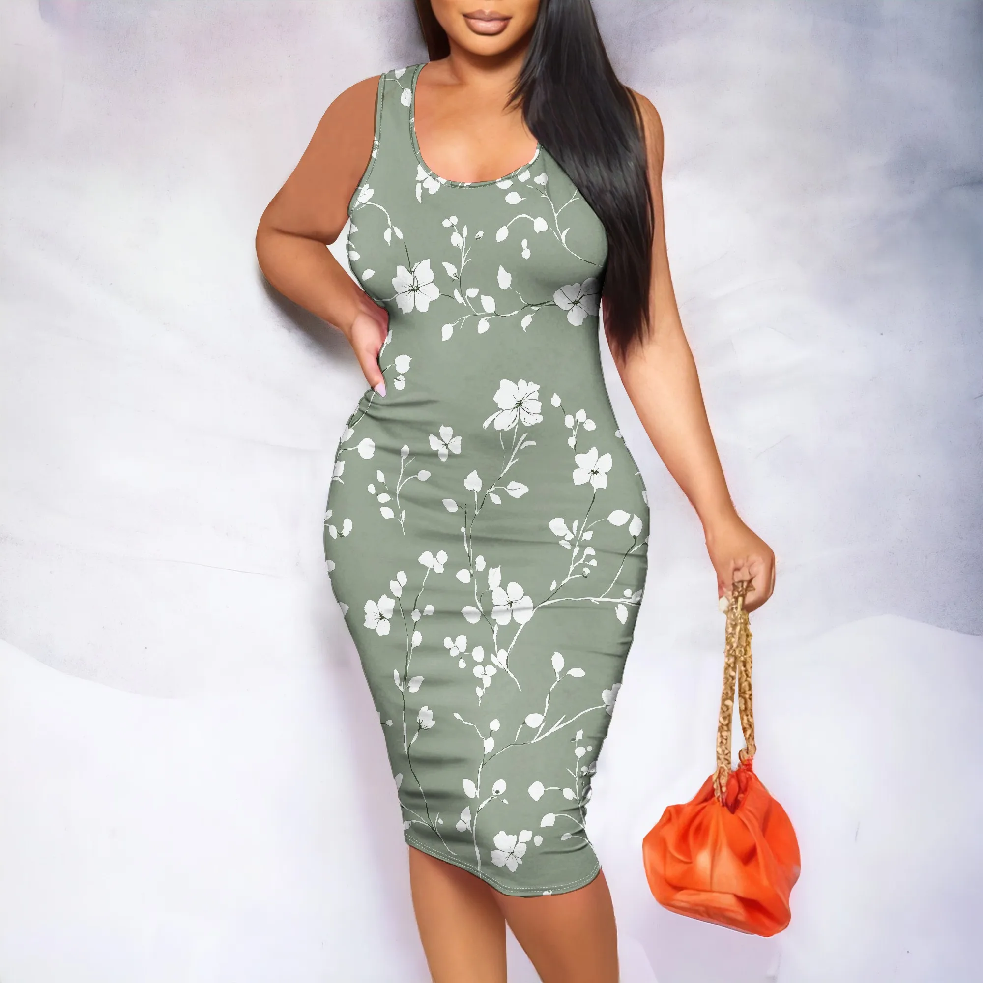 

Floral Sleeveless Dress, Green Midi Bodycon, Round Neck Wide Strap, Summer Casual Wear, XS-2XL