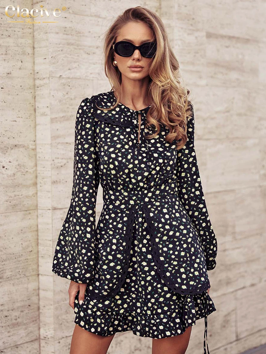 

Clacive Fashion Loose Print Women's Dress 2025 Vintage Lapel Long Sleeve Mini Dresses Elegant Classic High Waist Female Dress