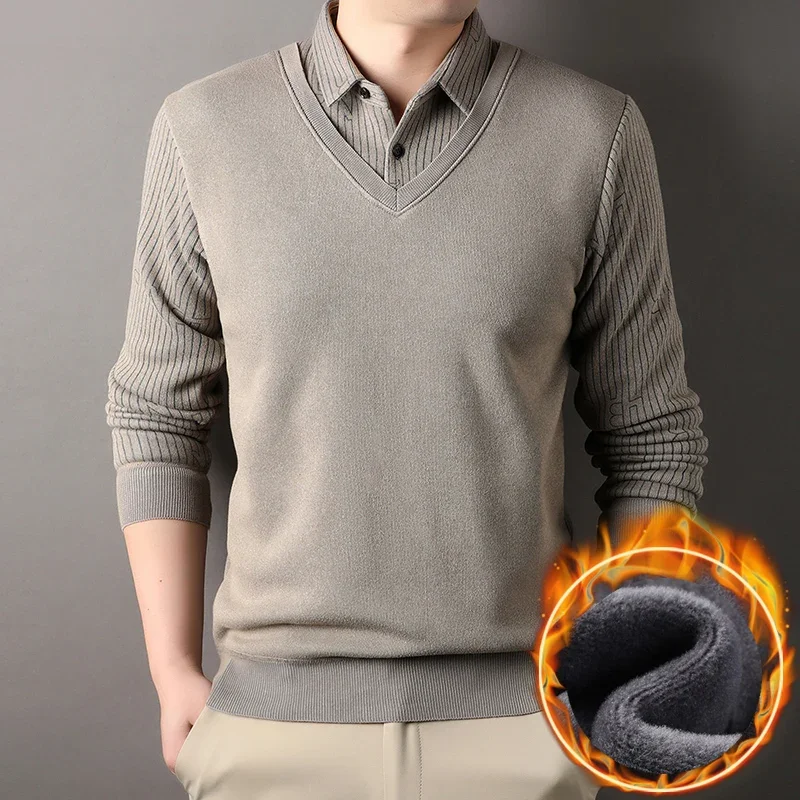 LIBIELIY الرجال الشتاء سترة المخملية البلوز بلون سليم صالح أنيقة فاخرة العلامة التجارية وهمية قطعتين محبوك البلوزات