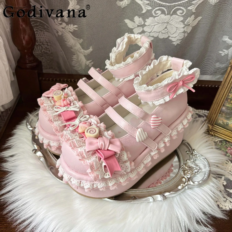 

Original Lolita Sweet Kawaii Thick-Soled Shoes Spring and Autumn New Girl's Cute Bow Mary Jane Shoes Student Y2k Platform Shoes