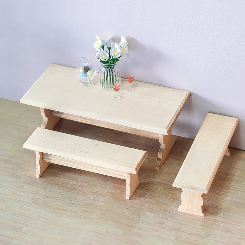 1/12 Doll House Miniature Wooden Table Chair set Simulation Dining table Model Toy for Mini Decoration Dollhouse Accessories bjd