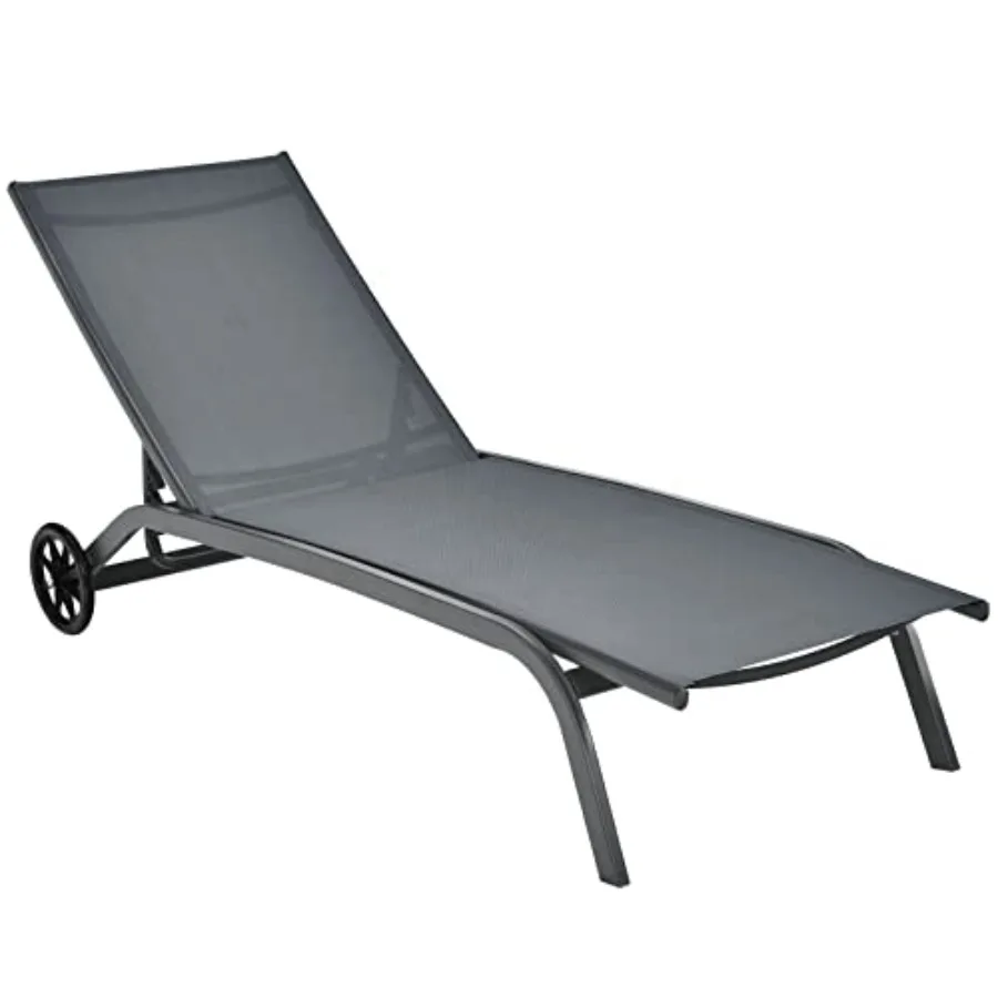 Patio Lounge Chairs for Pool Area, Outdoor Chaise Lounger with 6 Adjustable Positions, Smooth Wheels, Quick-Drying Gray Fabric,