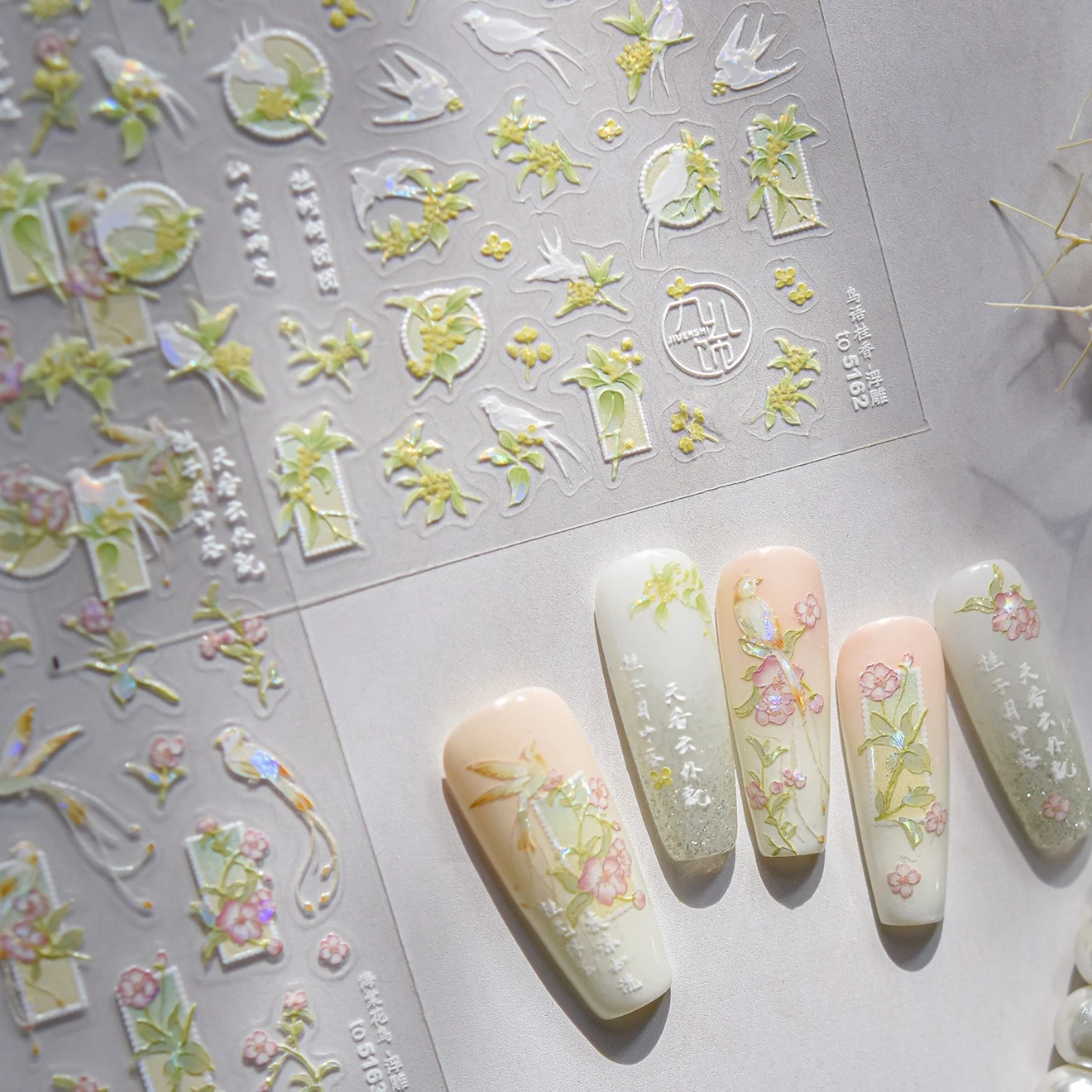 Chic Bird Osmanthus Fragrance Begonia Flower Cuckoo Peach Blossom Green Leaves Window Adhesive Nail Art Stickers Manicure Decals