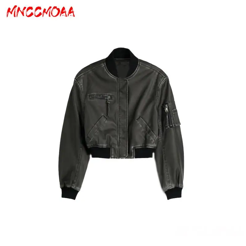 MNCCMOAA-Women's Vintage Faux Leather Bomber Jacket, Casual Long Sleeve Coat, Zipper Top, Loose Outwear, Autumn Fashion, 2024