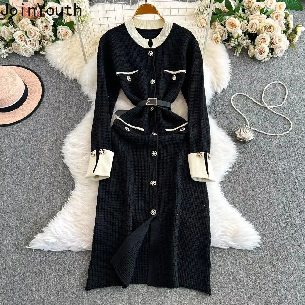 Vintage Knit Dress for Women High Waist Elegant Fashion Korean Vestidos De Mujer Bodycon Robe Femme Long Sleeve Bandage Dresses