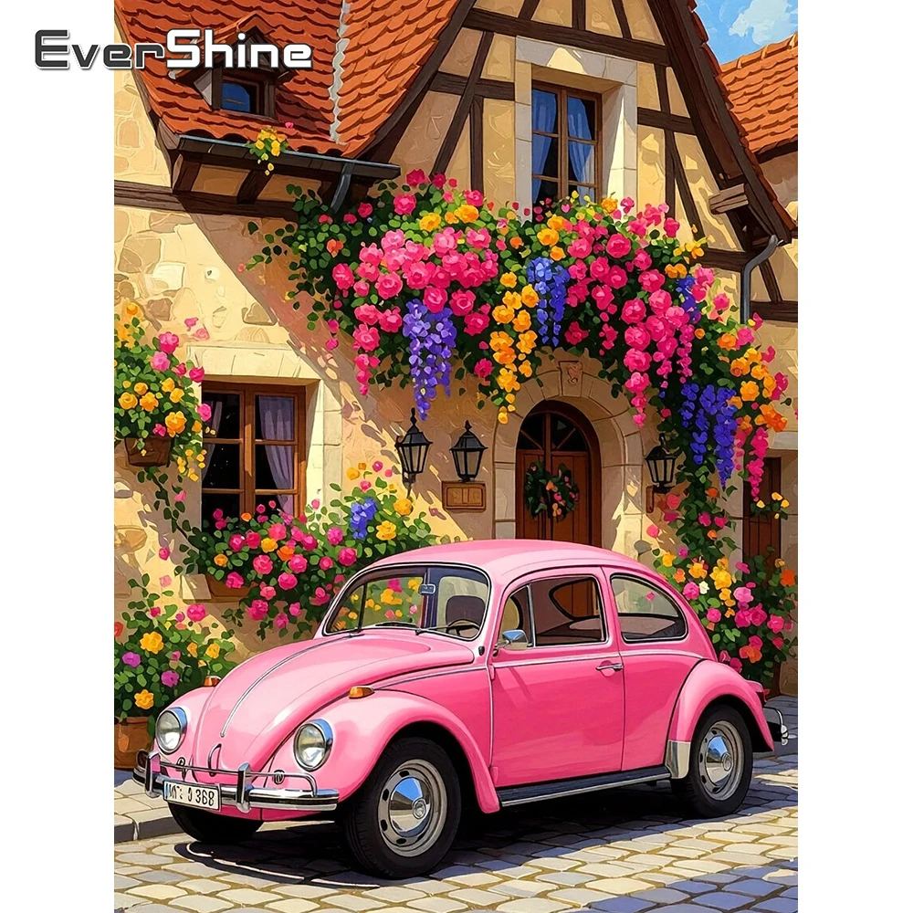 Embroidery Daisy - ภาพวาดปักเพชร EverShine ลายทิวทัศน์ถนน รถยนต์ บ้าน ดอกไม้