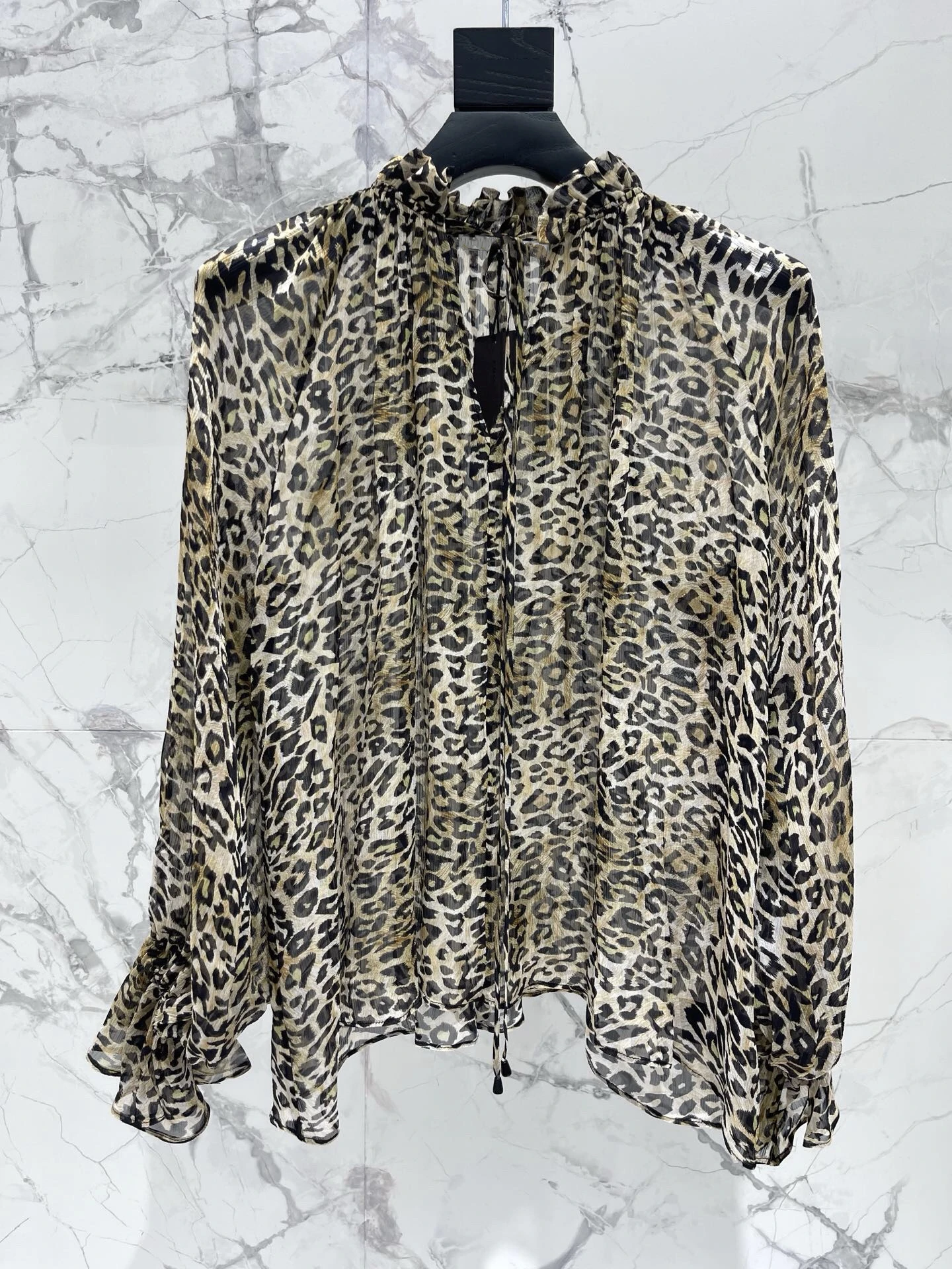 100% Mulberry Silk Blouse Women Luxury Leopard Print Ruffle Neck Sheer Shirt Elegant Animal Top