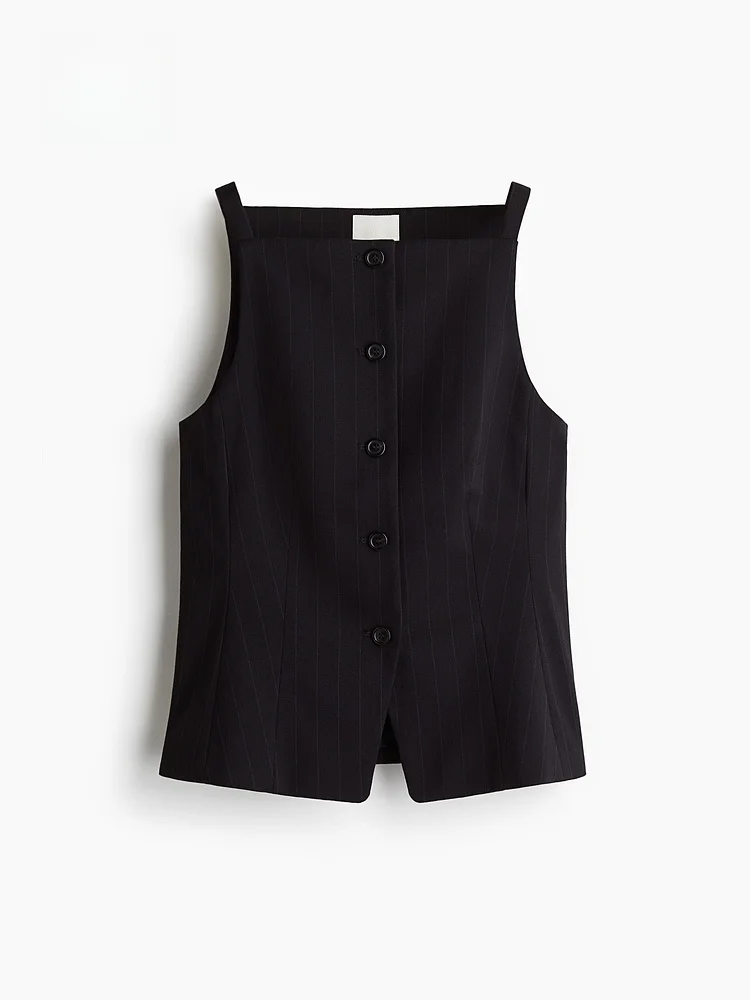 Kamizelka damska H&M, zimowa, do pracy, modna, dopasowana, w paski, z kołnierzykiem, model 297386, mieszanka poliestru, wiskozy i spandexu.