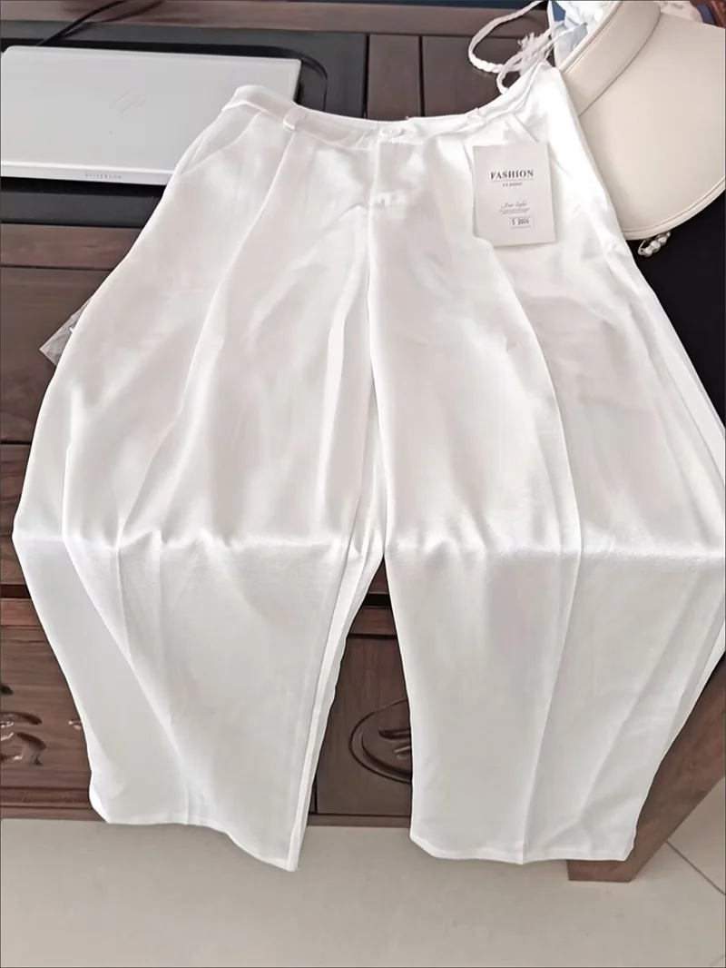 Women Solid Color Acetate Satin Wide Leg Pantalons Korean Lady Fashion Casual Trousers Summer Femme High Waist Straight Leg Pant