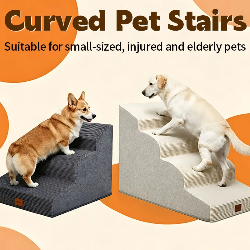 Durable High-density Foam Suitable for Small-sized, Injured and Elderly Pets Curved Pet Stairs 3/4/5 Steps Suitable for Bed/Sofa/Car Removable Outer Cover (with TPU Waterproof Layer) Take Care of The Joints of Cats and Dogs Anti-slip Bottom
