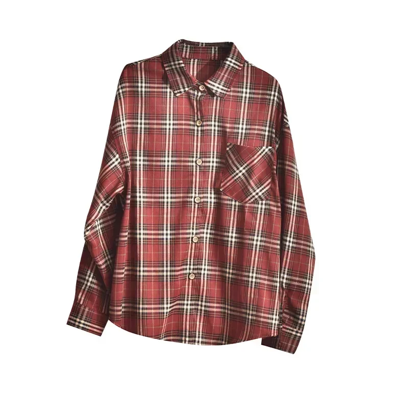 New Vintage Plaid Loose Blouse Women Mid-length Lapel Buttons Long Sleeve Pockets Shirt Korean Fashion Casual Clothes Streetwear