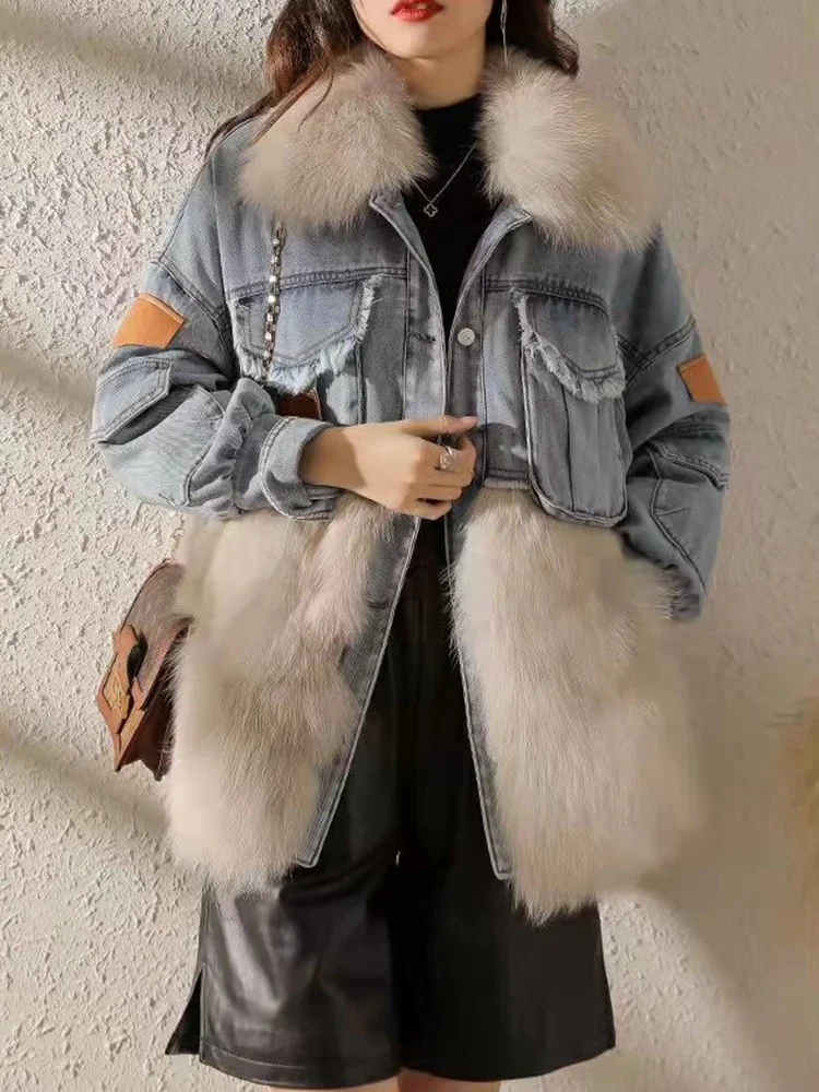 Faux Fox Fur Winter Warm Bomber Women\'s Winter Jacket Coat Female Jeans Jacket Basic Ladies Top Windbreaker Denim Jackets