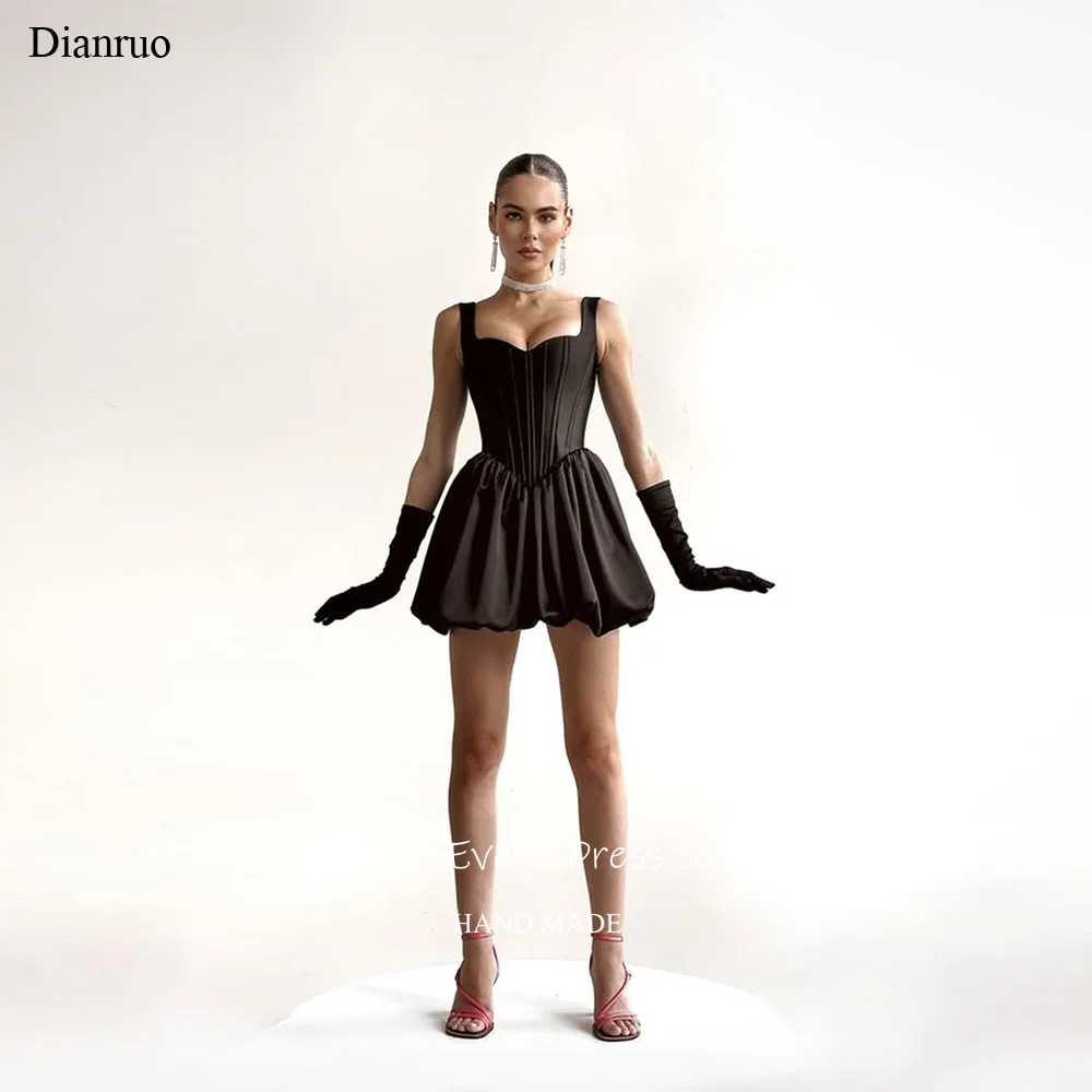 Dianruo فساتين لحضور الحفلات الموسيقية من الساتان الأسود قصيرة بدون أكمام من Vestidos De 15 Quinceañera A Line أشرطة سباغيتي رداء حفلات مخصص #1