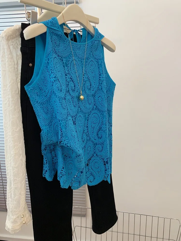 

Blue Lace Hollow out Svel Vest irt Men's Summer Design Unique Beautiful Trendy Strap Top Straight Tube Regular Length