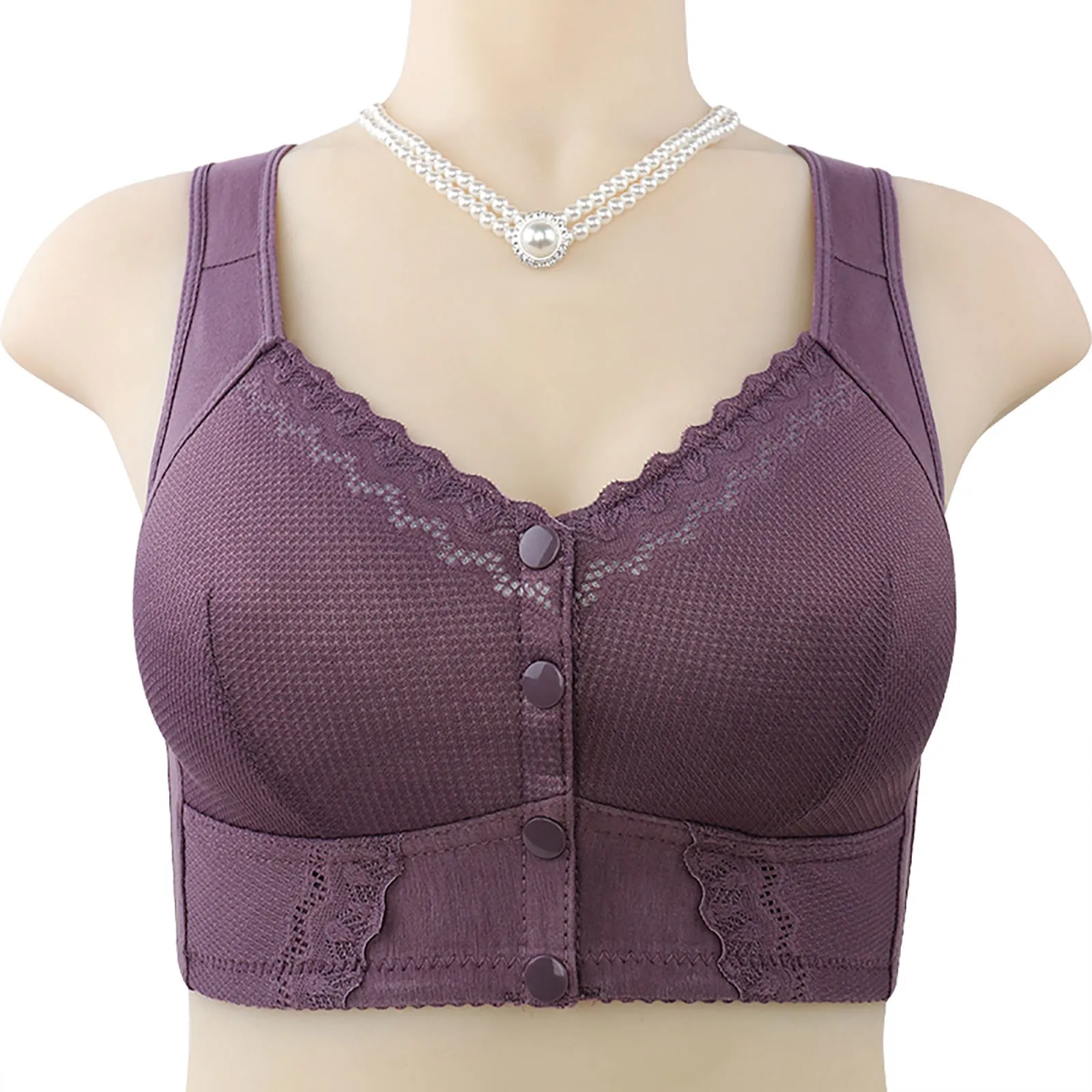 Moona Bra For Button Front Closure Breathable Brassiere For Women Wirefree Lace Ruffles V-Neck Camisole Breath Gingham Lingerie