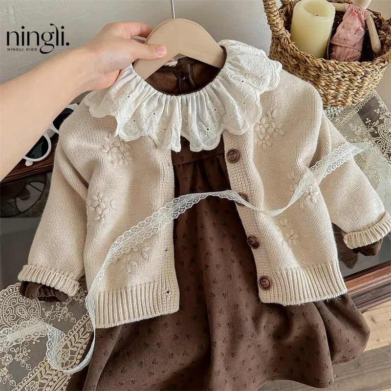 Children's Sets Girls Autumn Outfit Set Retro Crochet Cardigan & Floral Print Dress Two-Piece Knitwear for Toddlers