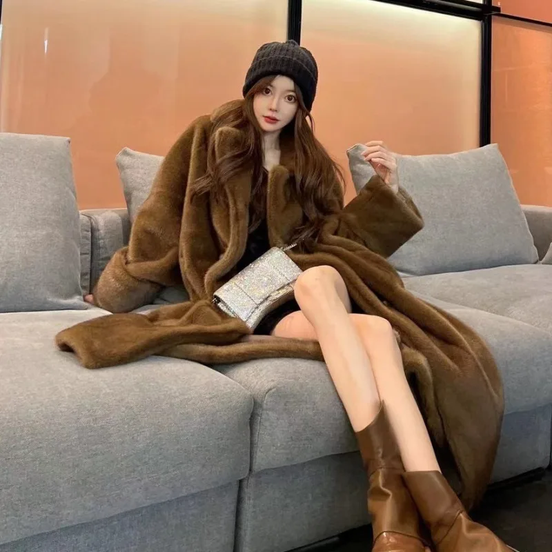 Imitation Mink Fur Overcoat Women Winter Thicken Thermal Double Breasted Faux Fur Coat Long Slim Fashion Casual Outwear 2023 New