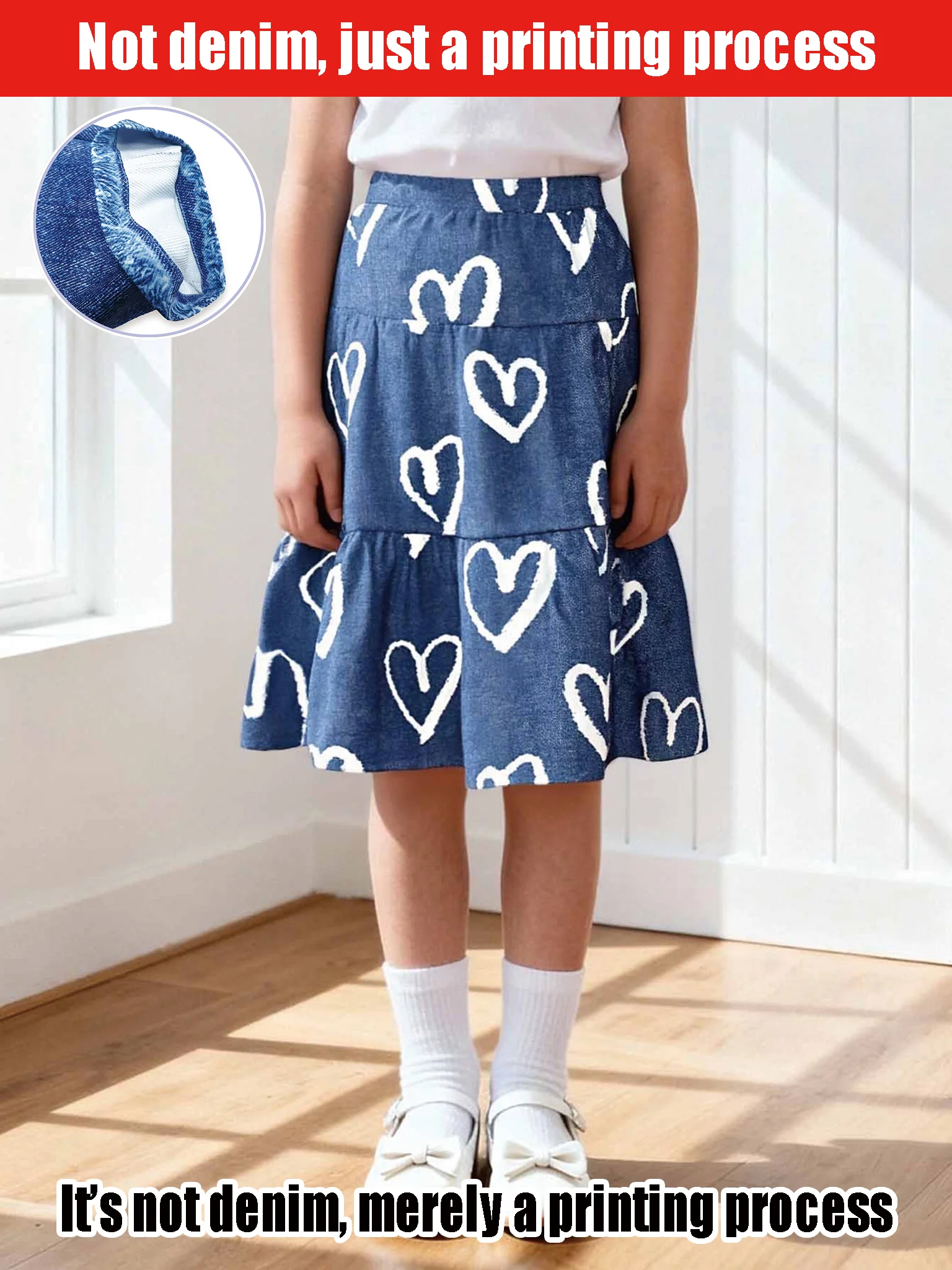 

2026 Girls' Simulated Denim Heart Print Skirt Children's Sweet Style White Hand-painted Heart Pattern High-waisted Skirt