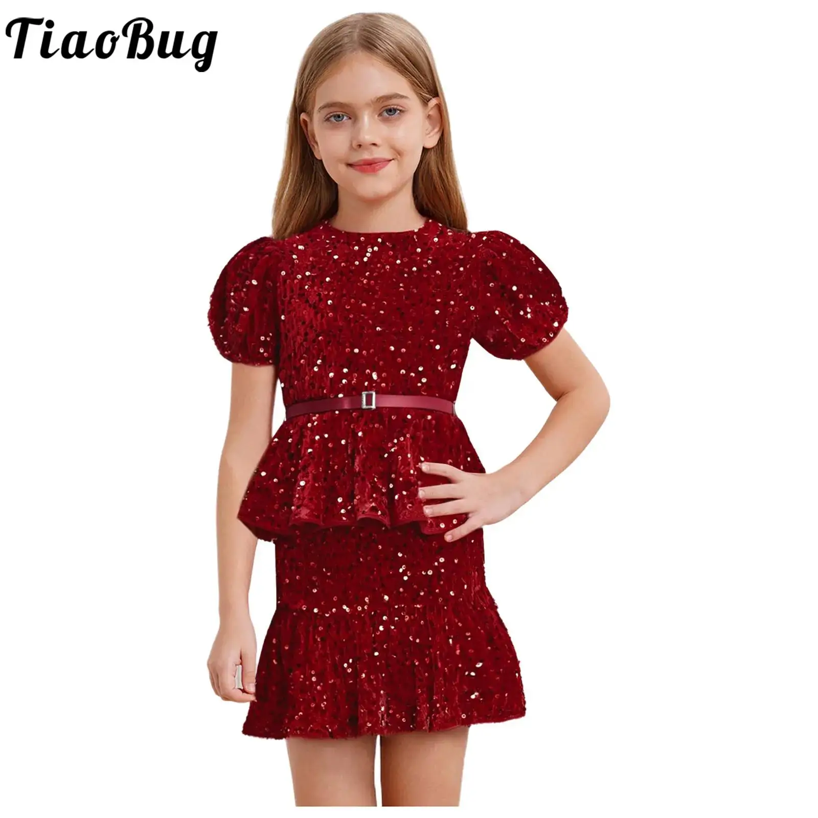 Kids Girls Elegant Pageant Party Outfits Shiny Sequins Short Puff Sleeveless Shirts Tops with Skirt for Birthday Wedding Banquet