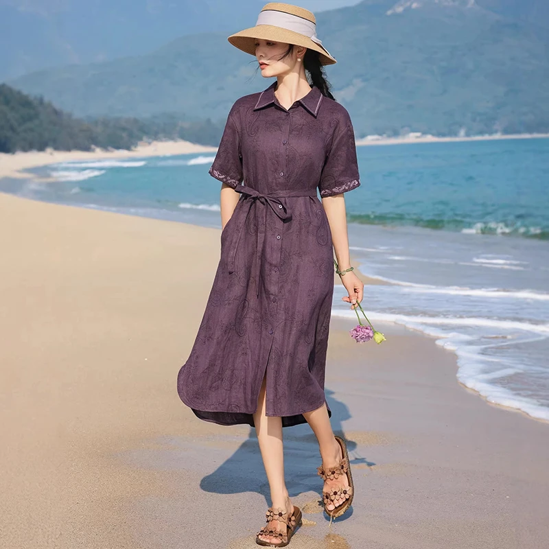 

100% Linen Floral Embroidery Women Long Dress New 2026 Summer Vintage Turn-down Collar Ladies Elegant A-line Dresses M2467