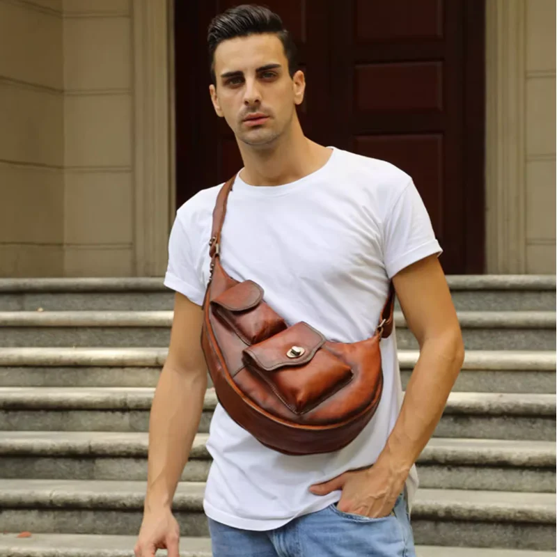 

Trendy Men's Genuine Leather, Personalized Cowhide Retro Chest Bag, Crossbody Bag
