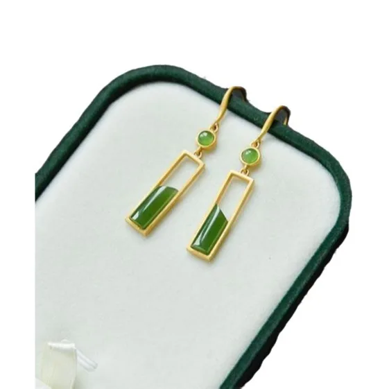 925 Sterling Silver Jewelry 18K Gold Plated Natural Jade Geometric Vintage Drop Earrings for Women Wedding Party Jewelry Gift 2