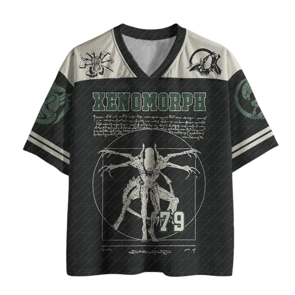 V Neck Football Jersey Vintage Sci-Fi Alien Creature Blueprint Number 79 Print Black Cream White Striped Sleeve Loose Sport Tee - view 2