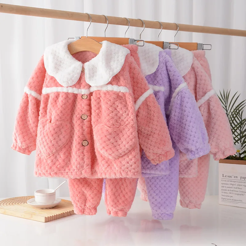 Children's Pajamas Suit Autumn Winter 2024 New Thickened Flannel Princess Pajamas Girls Lapel Warm Home Clothes Suit 2-10Y