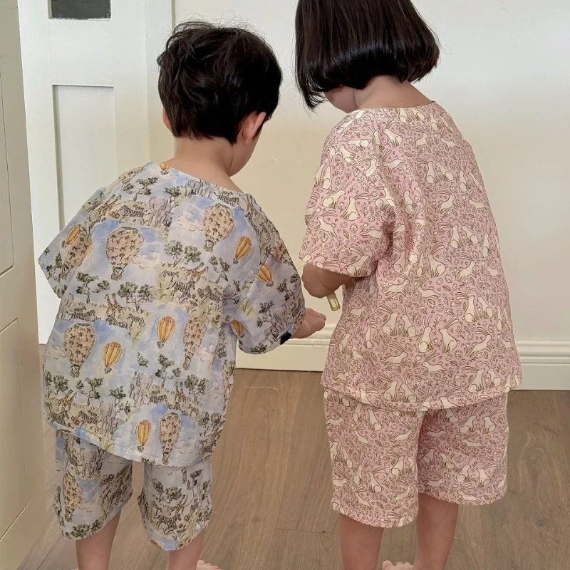 Summer Kids Clothes Cotton Girls Pajamas Short Sleeve Boy Cartoon Sleepsuit Korean Casual Children Pajamas for Kids 잠옷 Sleepwear