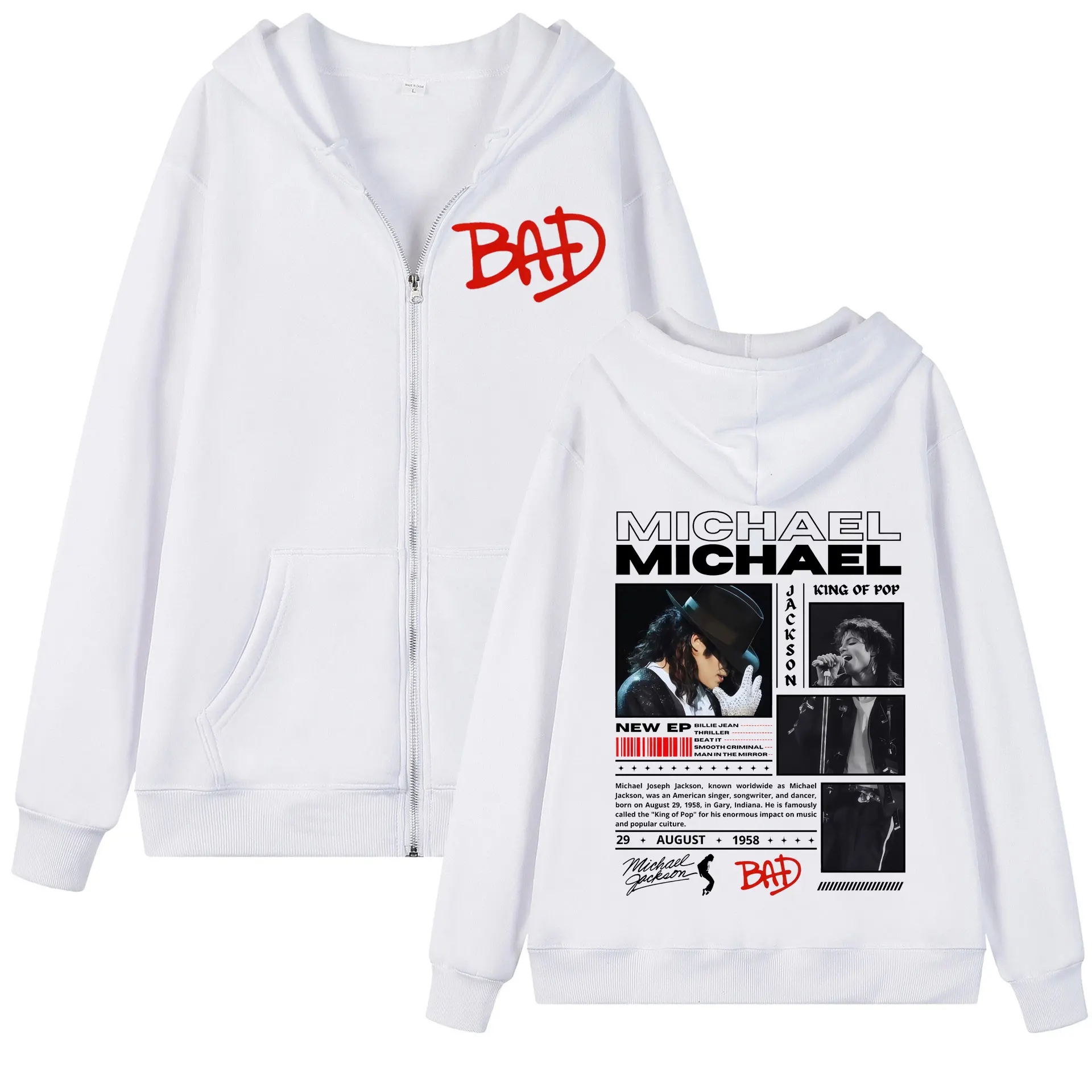 Custom 90's Michael Jackson Classics Zipper Hoodies Men Women Fashion Rock Zip Up Jacket Pullovers Casual Loose