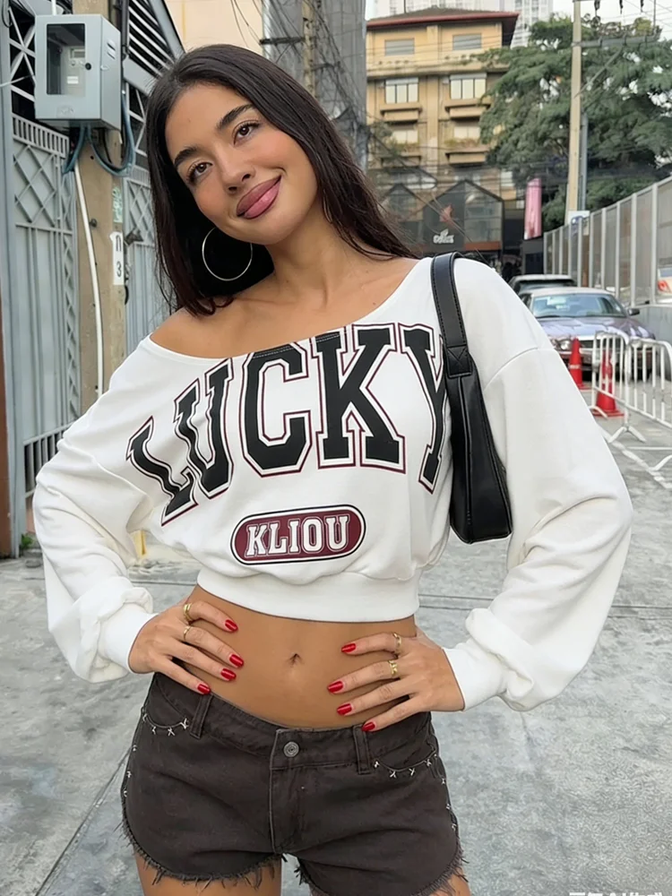 

Женские укороченные топы Nibber Y2K с классическим буквенным принтом, асимметричным воротником, длинными рукавами, весенний тренд, повседневные базовые сексуальные удобные мини-футболки