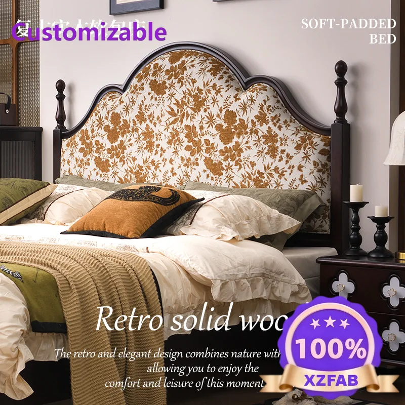 Factory Direct 2026 French retro solid wood bed master bedroom 1.8 meters double bed antique flower cloth soft bag home bed mode