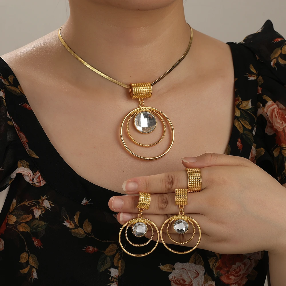 Stainless steel  Exaggerated large round pendant Necklace Earrings Ring Jewelry Set for women Jewelry Fashion Bridal Gifts
