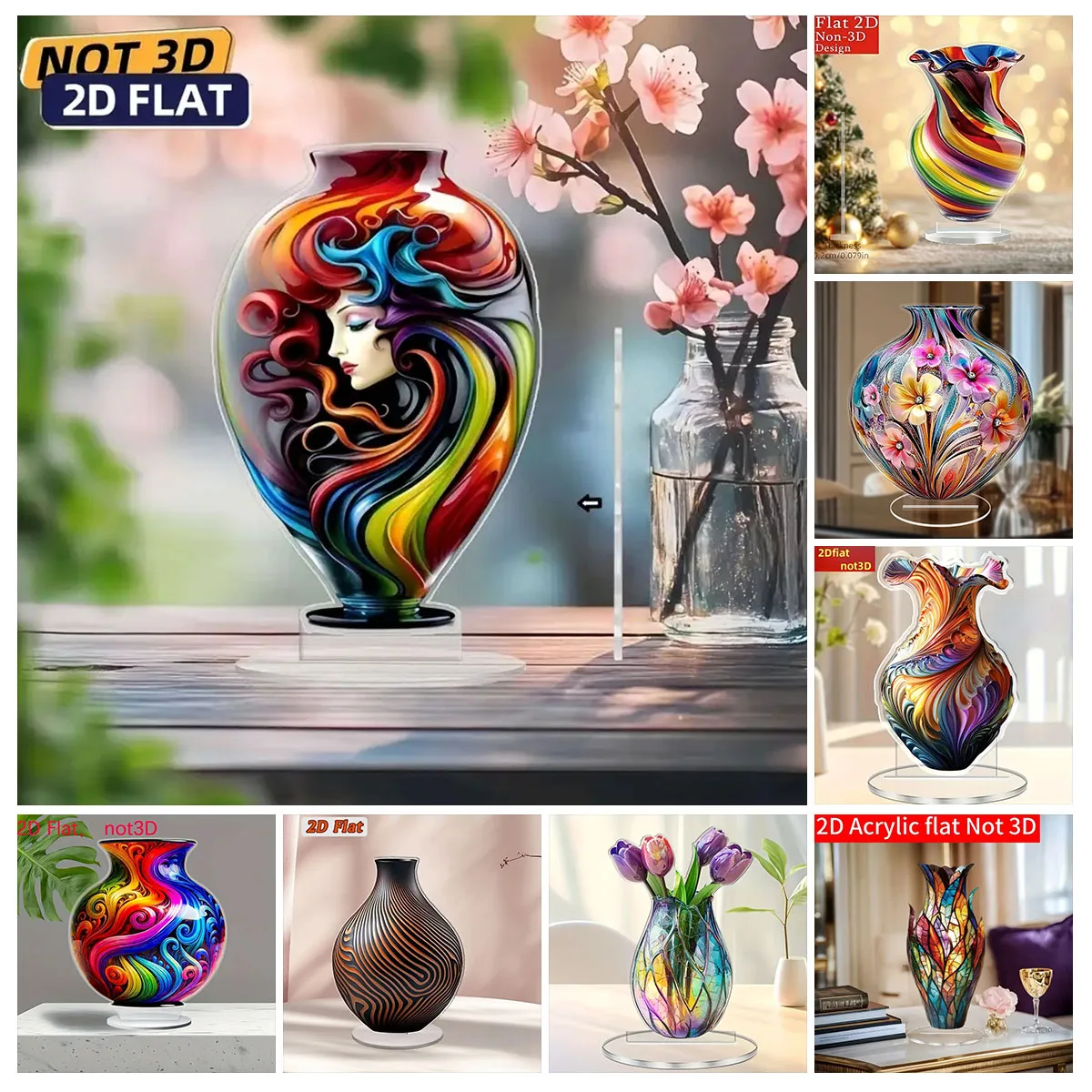 2D flache Acryl bunte Kunst Vase Ständer Tischdekoration, Zuhause, Büro, Café, Zimmer, Studio, Desktop-Ornament-Schild-Geschenk