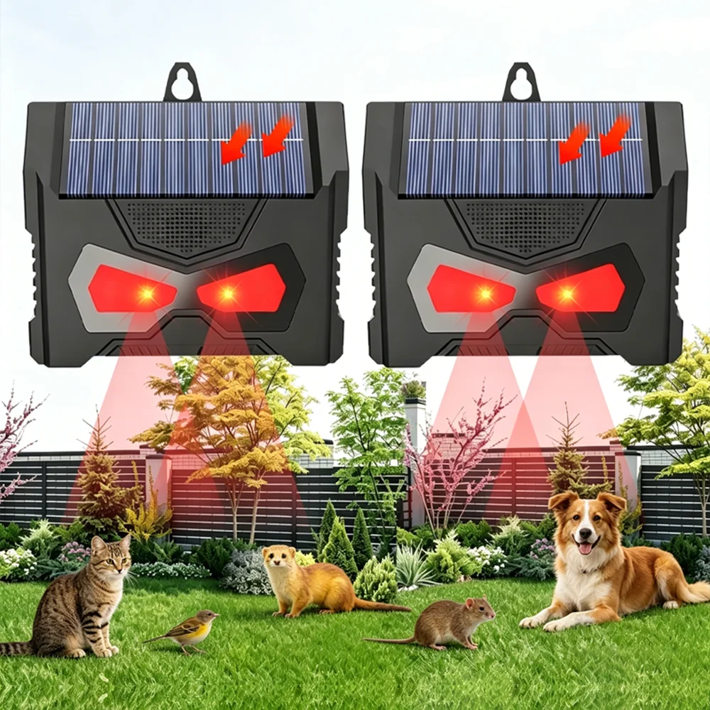 2 Stück solarbetriebene Tierabwehrgeräte mit roten und weißen LED-Blinklichtern, effektive Kontrolle für Hunde, Wiesel, Mäuse, Vögel, für den Außenbereich. – Detail 1
