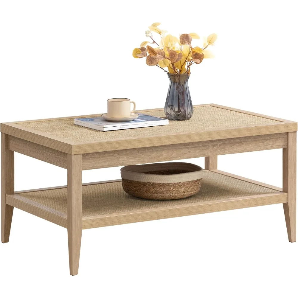 Mesa de centro de ratán para sala de estar, mesa central de comedor rectangular boho con estante de almacenamiento de ratán de 2 niveles, mesa decorativa