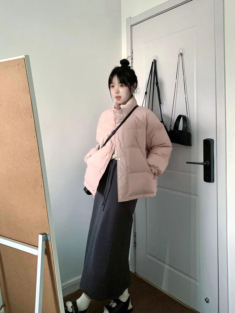

Pink Du down Jaet Women's Thiened Stand Collar Bread Sle ort Coat Korean Version Commute Sle Warm Long Sve