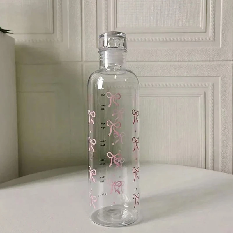 500ML Kawaii Bow Plastic Water Bottle with Time Scale Transparent Water Cup Outdoor Sports School Drinking Water Bottle Gifts