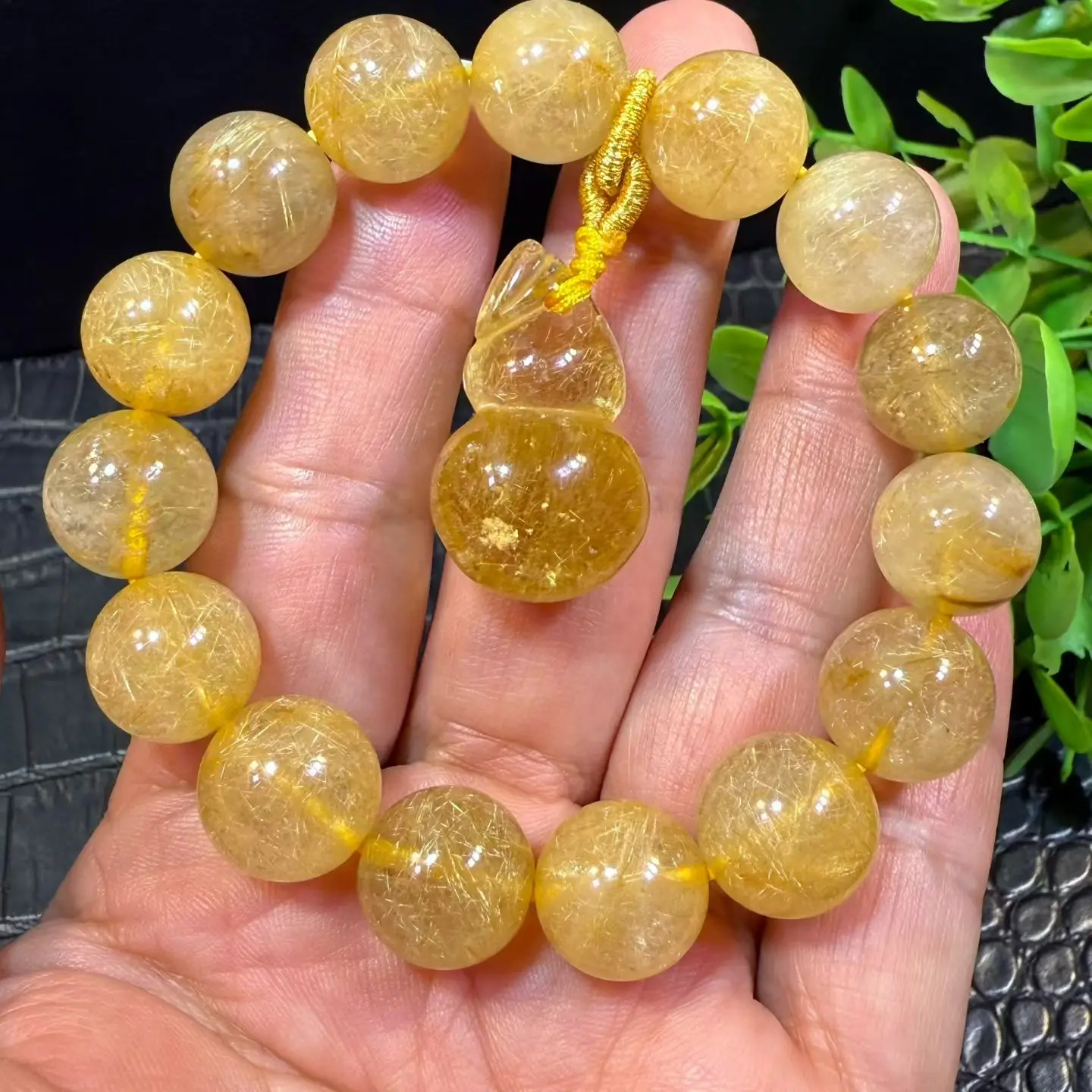 

Natural Gold Rutilated Quartz Titanium Bracelet Cat Eye 13mm Gourd Clear Round Wealthy Woman Men Beads Jewelry Brazil AAAAAAA