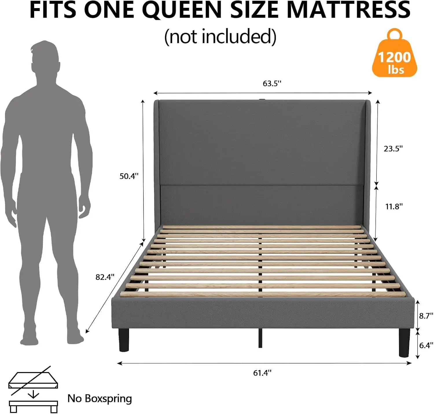 Queen Upholstered Platform Bed Frame with USB-C Tall Wingback Headboard Soft Velvet No Box Spring Easy Assembly Grey, Customized