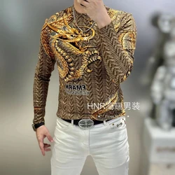 New High-end Men Round Neck Sweatshirt Slim Casual Light Luxury Domineering Over-the-shoulder Gold Dragon Velvet Sweater