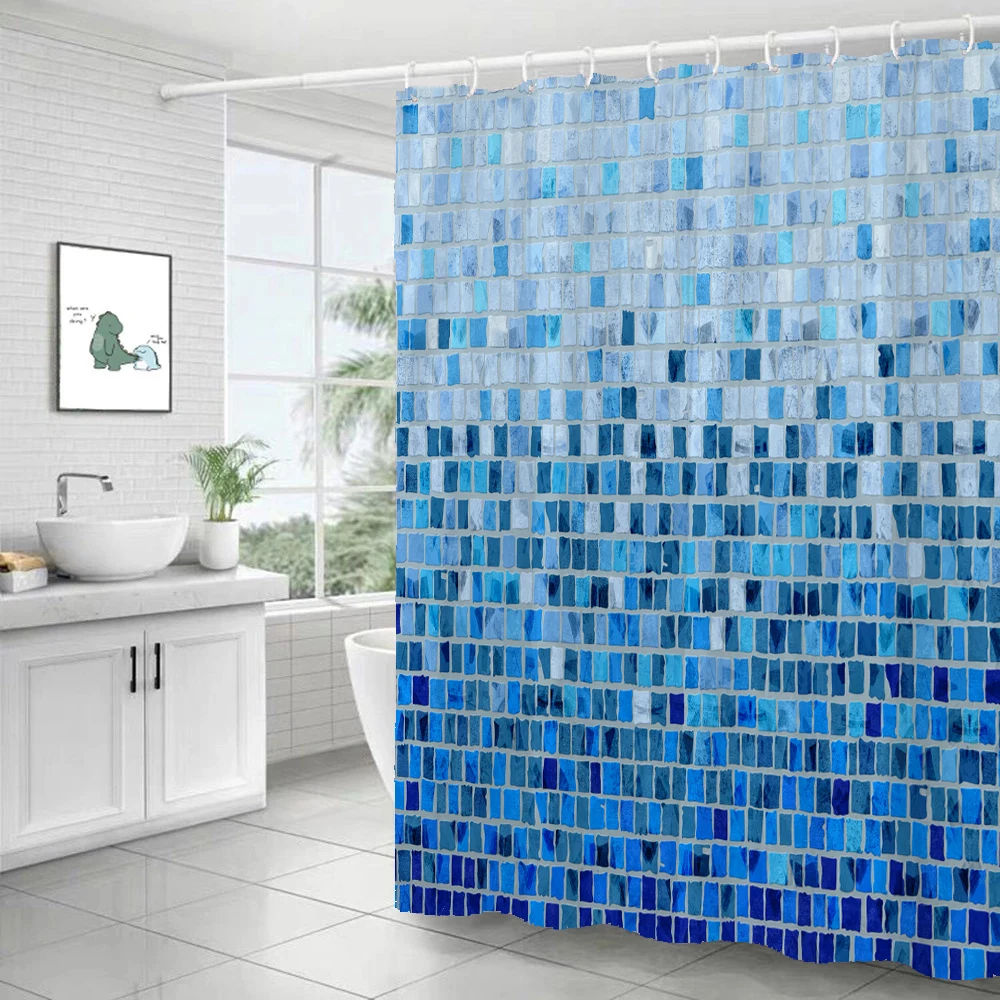 Blue Mosaic Pattern Bath Curtain Waterproof Shower Curtains Geometric Bath Screen Printed Curtain with Hooks for Bathroom Gift