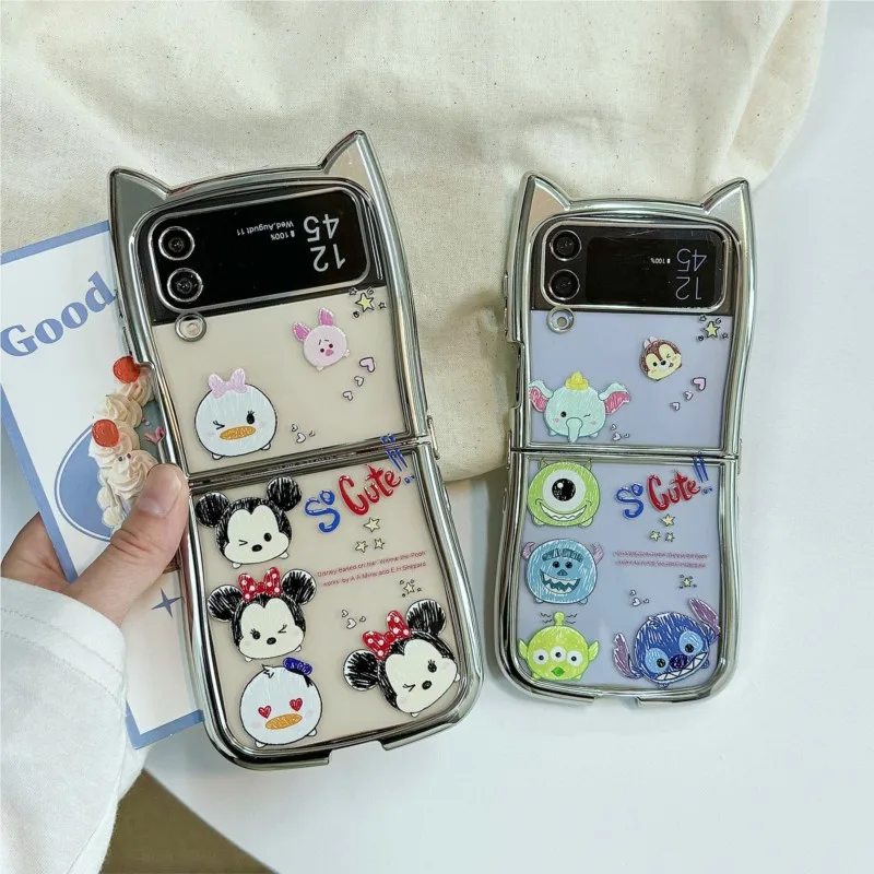 Capa de Telefone 3D com Orelhas de Gato Mickey Stitch para Samsung Galaxy Z Flip 3 4 5 6 7 7FE, Capa Protetora Kawaii à Prova de Choque com Cordão