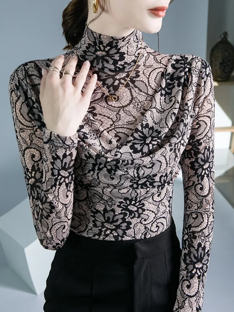

Bonboho женский черный телесный кружевной топ с цветочным принтом шантильи, осенняя мода, облегающая блузка с высоким воротом и длинными рукавами, элегантная майка