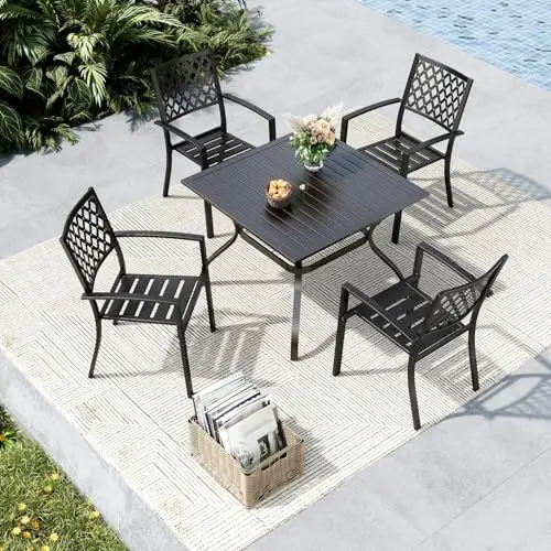 Outdoor Table and Chairs for 4 w/Umbrella Hole | Wrought Iron Outdoor Dining Set with Umbrella Hole, 5 Piece Patio