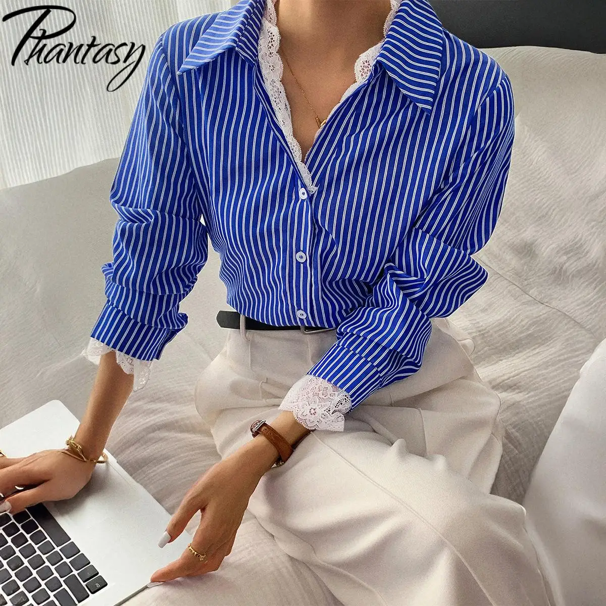 

Phantasy Fashion Blouses Casual Vacation Style Striped Button Long Sleeved Lace Pleated V-Neck Vintage Shirt Women's Clothing