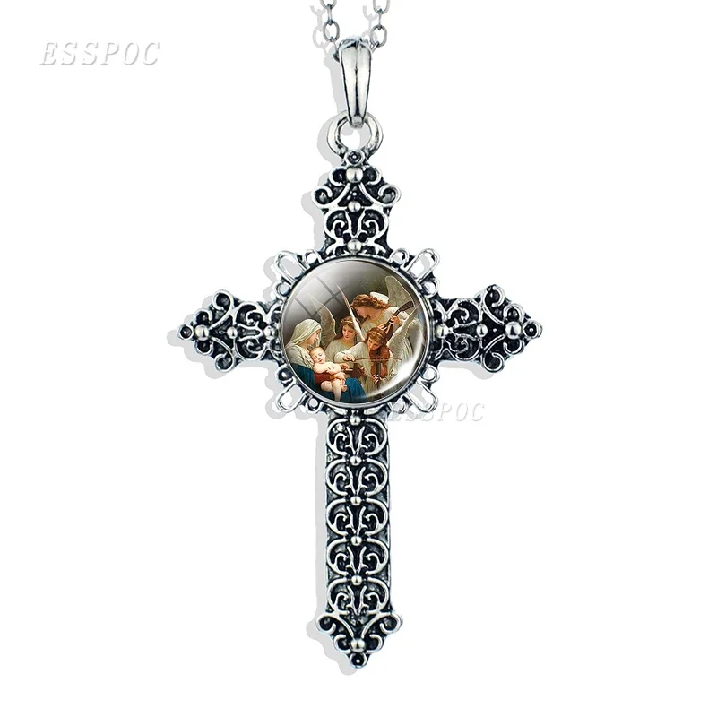 Son of God Jesus Cross Necklace Glass Cabochon Jewelry Angel Christian Virgin Mary Paw Prints Pendant Women Gifts