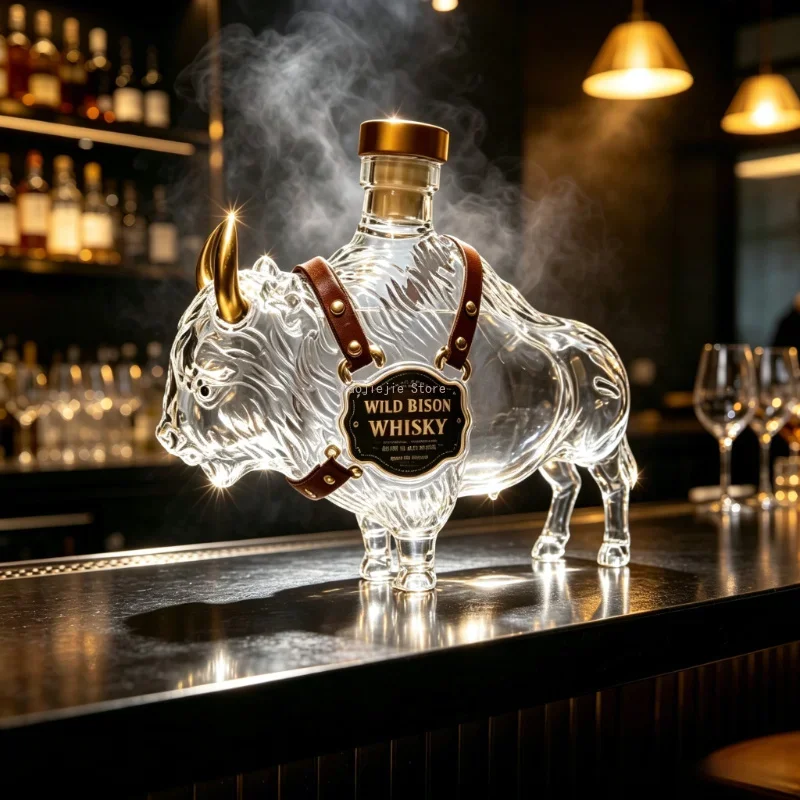 Buffalo Bison Glass Whiskey Decanter with Golden Horn Faux Leather Strap Western Style Liquor Bottle for Bar Home Collection