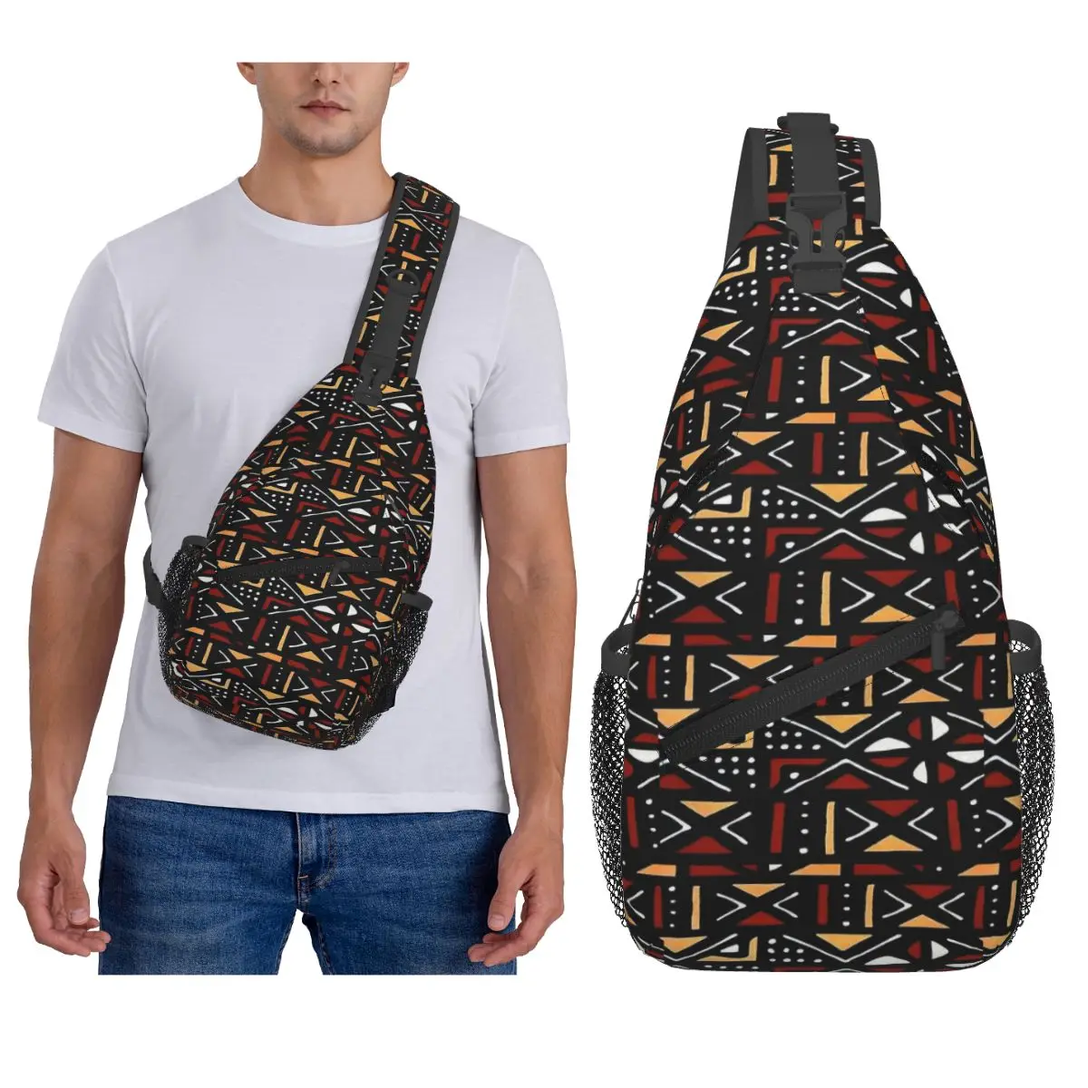 African Bogolan Mudcloth Pattern Chest Bag Men Sling Crossbody Backpack Chest Bag Travel Hiking Daypack Shoulder Bag
