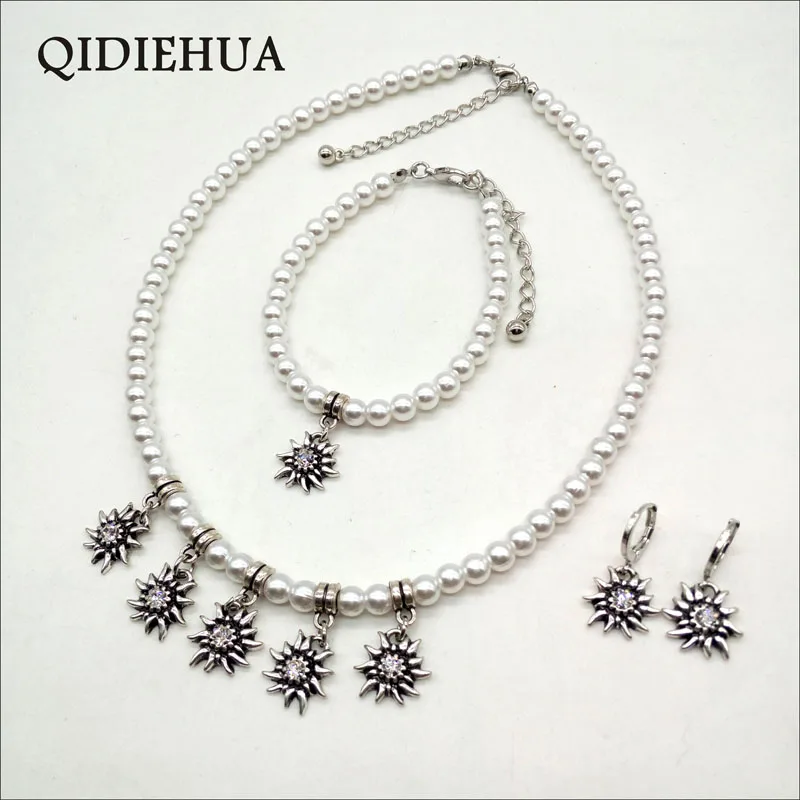 Fashion Classic Edelweiss Necklace Earring Bracelet Sets Jewelry Handmade Simulated White Pearl Chain Zinc Alloy Flower Jewelry